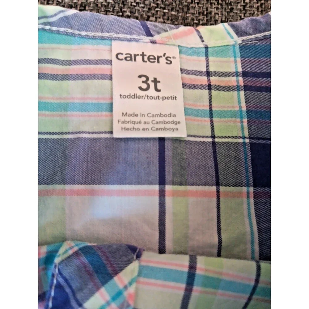 Carters Shirt Size 3T Girls Purple Green White Plaid Long Sleeve